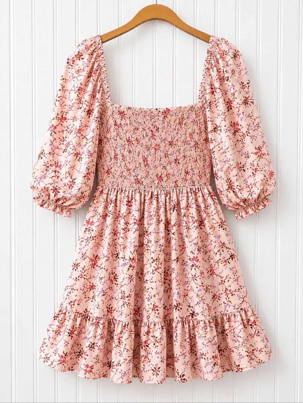 Inspired Hearts | Pink Floral Mini Dress Size Large | Puff Sleeve Babydoll Dress - Picture 6 of 8